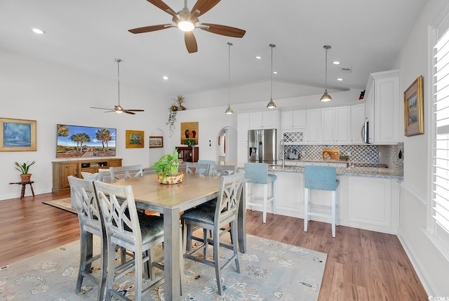 5 Tiara Ln, Murrells Inlet, SC 29576 - dining room featuring vaulted ceiling, ceiling fan, light wood-style flooring, recessed lighting, and plenty of natural light