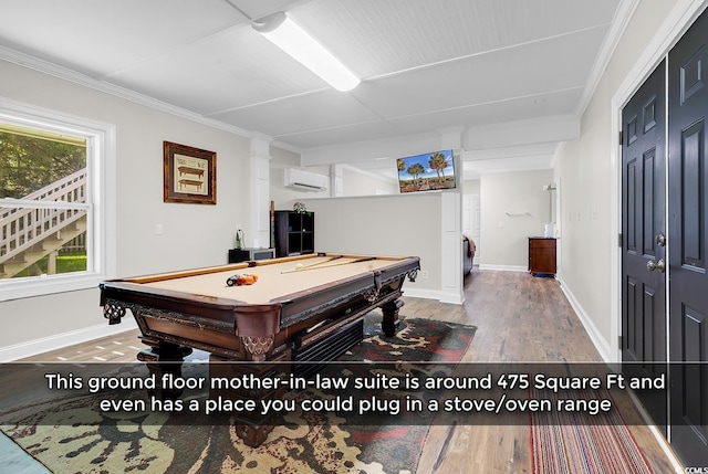 5 Tiara Ln, Murrells Inlet, SC 29576 - recreation room with a wall mounted air conditioner, wood finished floors, pool table, and crown molding