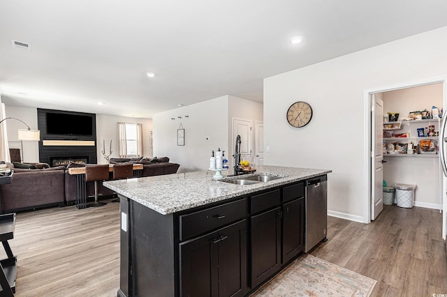 651 Choctaw Dr, Conway, SC 29526 - kitchen with stainless steel dishwasher, light wood finished floors, dark cabinets, and open floor plan