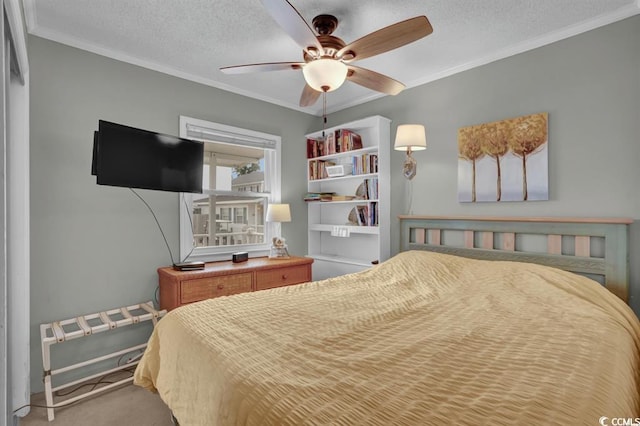6001-1459 S Kings Hwy, Myrtle Beach, SC 29575 - carpeted bedroom with crown molding, a textured ceiling, and ceiling fan