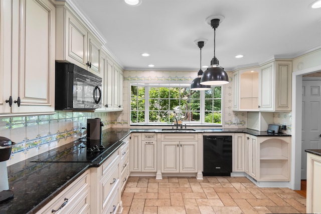571 Fernwood Rd, Murrells Inlet, SC 29576 - kitchen with black appliances, open shelves, decorative backsplash, recessed lighting, and hanging light fixtures