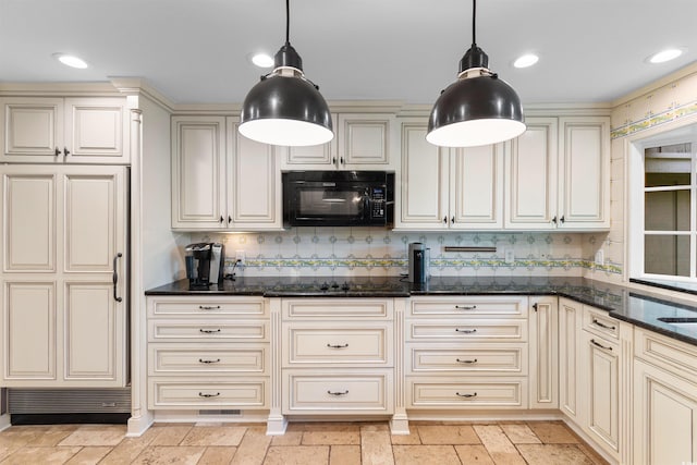 571 Fernwood Rd, Murrells Inlet, SC 29576 - kitchen featuring black appliances, cream cabinets, dark stone countertops, pendant lighting, and recessed lighting