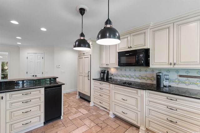 571 Fernwood Rd, Murrells Inlet, SC 29576 - kitchen featuring black appliances, cream cabinetry, decorative backsplash, crown molding, and dark stone counters