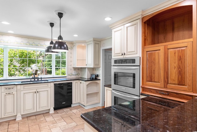 571 Fernwood Rd, Murrells Inlet, SC 29576 - kitchen with dishwasher, stainless steel double oven, dark stone countertops, decorative light fixtures, and recessed lighting