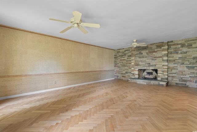 571 Fernwood Rd, Murrells Inlet, SC 29576 - unfurnished living room featuring ceiling fan and a fireplace
