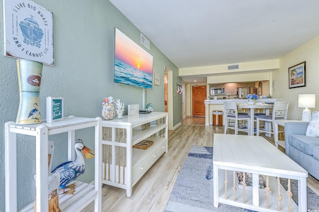 9550 Shore Dr Unit 225, Myrtle Beach, SC 29572 - living room with light wood-style floors and a textured wall