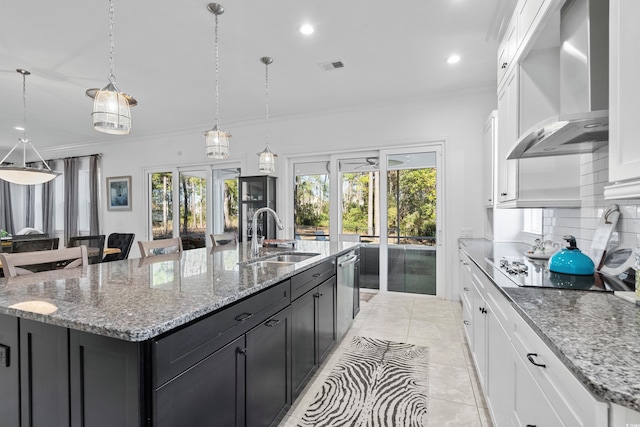 496 Starlit Way, Myrtle Beach, SC 29579 - kitchen featuring wall chimney range hood, a large island, white cabinetry, black electric cooktop, and crown molding