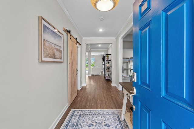 264 Switchgrass Loop, Little River, SC 29566 - entryway featuring a barn door, ornamental molding, dark wood-style floors, and recessed lighting