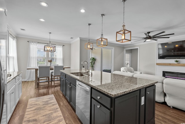 264 Switchgrass Loop, Little River, SC 29566 - kitchen featuring dishwasher, open floor plan, ornamental molding, ceiling fan, and an island with sink