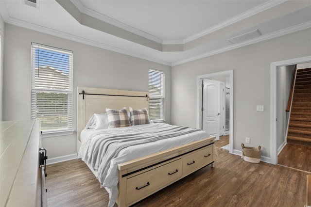 264 Switchgrass Loop, Little River, SC 29566 - bedroom featuring dark wood finished floors, crown molding, multiple windows, and a raised ceiling