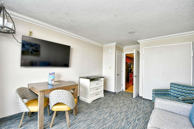 1105 S Ocean Blvd Unit 330, Myrtle Beach, SC 29577 - office area featuring crown molding, a textured ceiling, and dark carpet