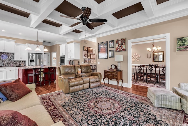 128 Knotty Pine Way, Murrells Inlet, SC 29576 - living room featuring dark wood-style floors, crown molding, a chandelier, beamed ceiling, and ceiling fan