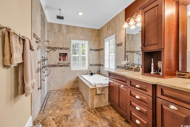 128 Knotty Pine Way, Murrells Inlet, SC 29576 - full bath with a bath, double vanity, walk in shower, crown molding, and tile walls