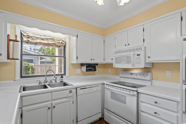 315 72nd Ave N Unit A, Myrtle Beach, SC 29572 - kitchen featuring white appliances, white cabinetry, light countertops, and crown molding