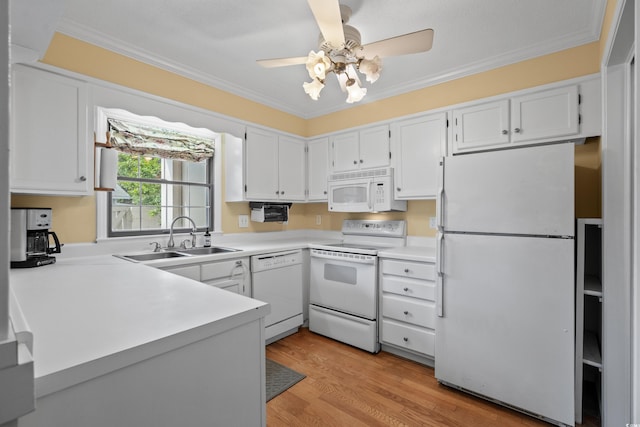 315 72nd Ave N Unit A, Myrtle Beach, SC 29572 - kitchen with white appliances, crown molding, ceiling fan, light countertops, and white cabinetry