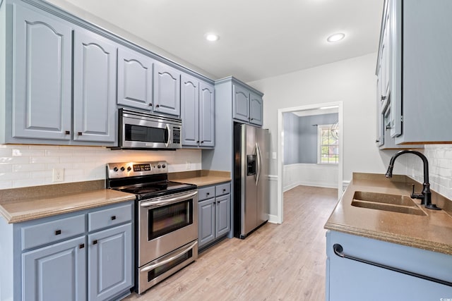 307 Russ Rd, Loris, SC 29569 - kitchen with appliances with stainless steel finishes, gray cabinets, backsplash, light wood-type flooring, and wainscoting