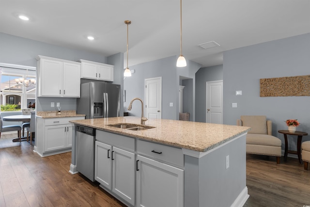 226 Calhoun Falls Dr, Myrtle Beach, SC 29579 - kitchen with appliances with stainless steel finishes, dark wood-type flooring, white cabinets, an island with sink, and recessed lighting