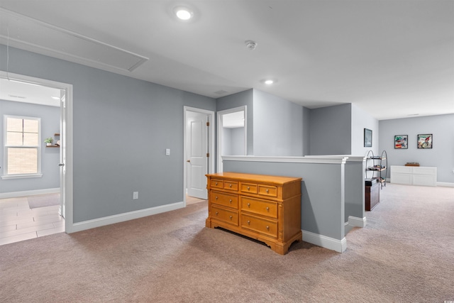 226 Calhoun Falls Dr, Myrtle Beach, SC 29579 - hallway featuring attic access, carpet floors, an upstairs landing, and recessed lighting