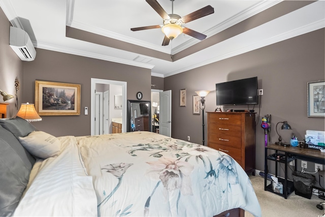 908 Ashbourn Ct, Murrells Inlet, SC 29576 - bedroom with a wall mounted AC, a tray ceiling, light colored carpet, ornamental molding, and connected bathroom