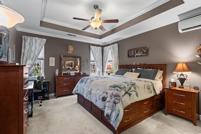 908 Ashbourn Ct, Murrells Inlet, SC 29576 - bedroom featuring light colored carpet, a tray ceiling, a wall mounted AC, crown molding, and an office area