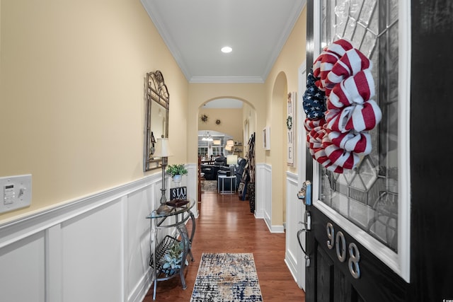 908 Ashbourn Ct, Murrells Inlet, SC 29576 - entryway with arched walkways, crown molding, wainscoting, and wood finished floors