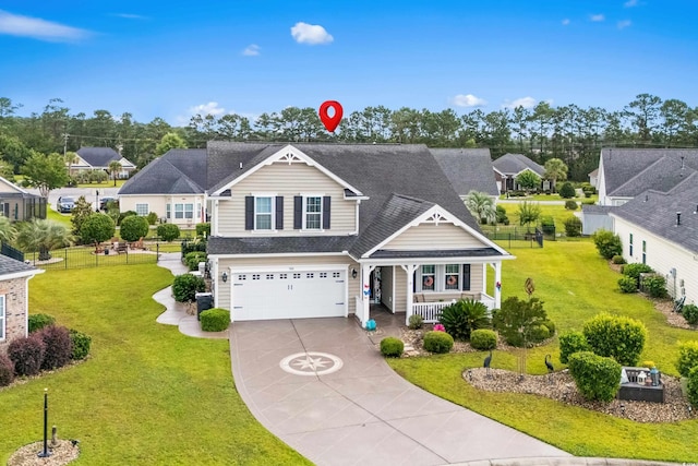 908 Ashbourn Ct, Murrells Inlet, SC 29576 - view of front of property featuring a porch, concrete driveway, a garage, a shingled roof, and a residential view