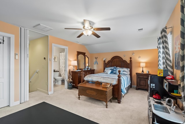 908 Ashbourn Ct, Murrells Inlet, SC 29576 - bedroom featuring light carpet, ceiling fan, connected bathroom, and lofted ceiling