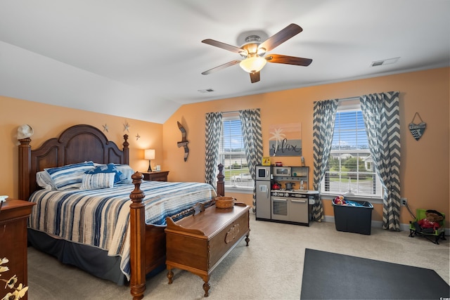 908 Ashbourn Ct, Murrells Inlet, SC 29576 - bedroom with light colored carpet, a ceiling fan, and vaulted ceiling