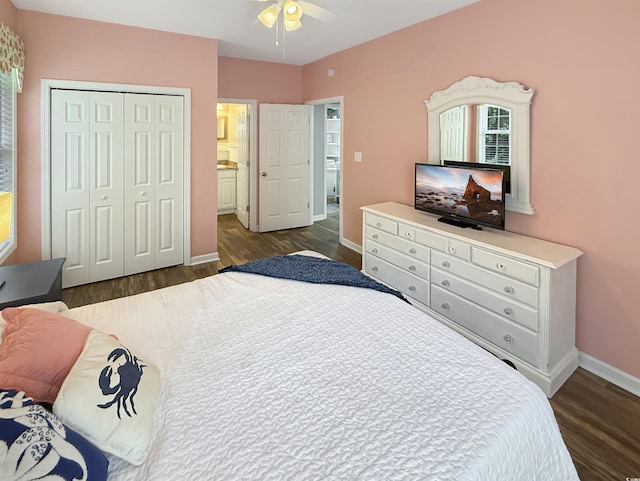 147 Weatherboard Ct, Pawleys Island, SC 29585 - bedroom with dark wood-type flooring, a closet, ceiling fan, and ensuite bath