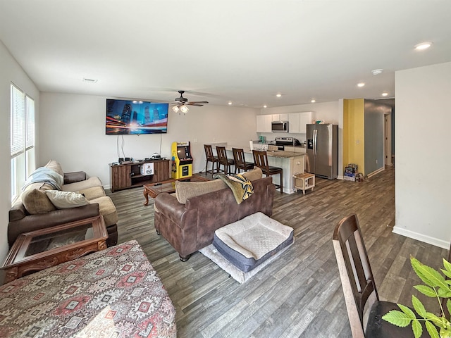 2021 Loblolly St, Georgetown, SC 29440 - living room with dark wood-style floors, a ceiling fan, and recessed lighting