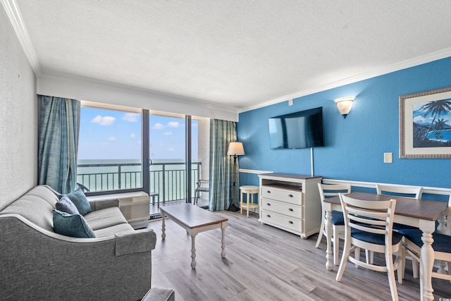 3000 N Ocean Blvd N Unit 1532, Myrtle Beach, SC 29577 - living area featuring a textured wall, ornamental molding, a textured ceiling, and wood finished floors