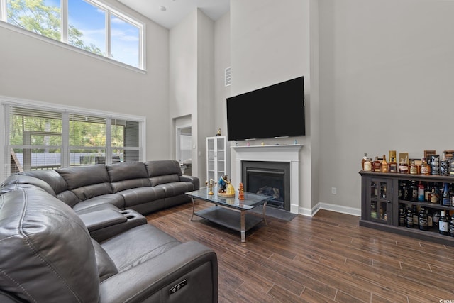 2212 Leeboard Ct, Myrtle Beach, SC 29579 - living room featuring a high ceiling, plenty of natural light, dark wood finished floors, and a fireplace with flush hearth