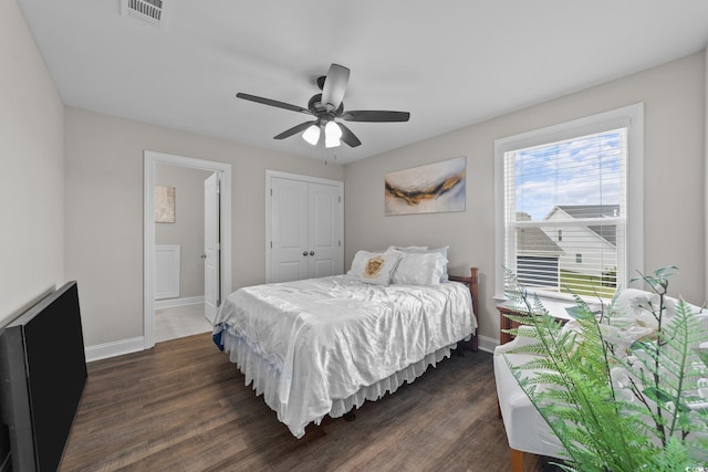 2212 Leeboard Ct, Myrtle Beach, SC 29579 - bedroom with dark wood-style floors, a closet, and a ceiling fan