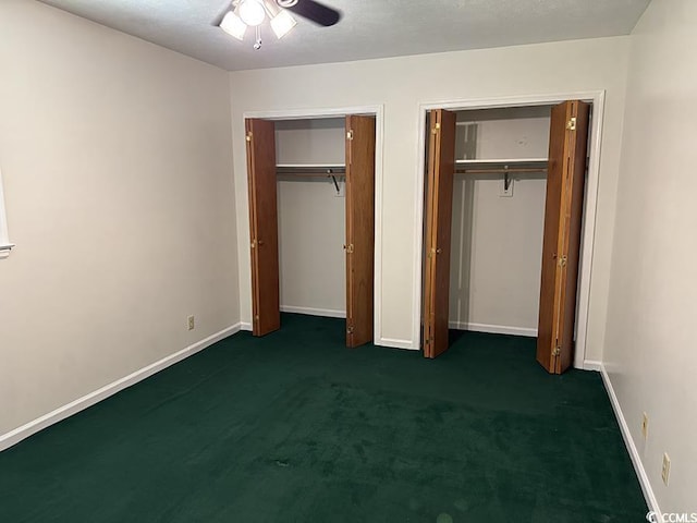 4041 Long Line Ln, Myrtle Beach, SC 29579 - unfurnished bedroom with two closets, carpet floors, and ceiling fan