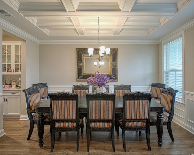 376 Mikita Dr, Surfside Beach, SC 29575 - dining room featuring coffered ceiling, a chandelier, dark wood-type flooring, and crown molding