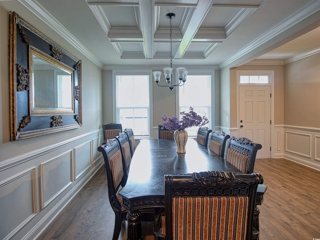 376 Mikita Dr, Surfside Beach, SC 29575 - dining space featuring a chandelier, dark wood-style flooring, coffered ceiling, crown molding, and beam ceiling