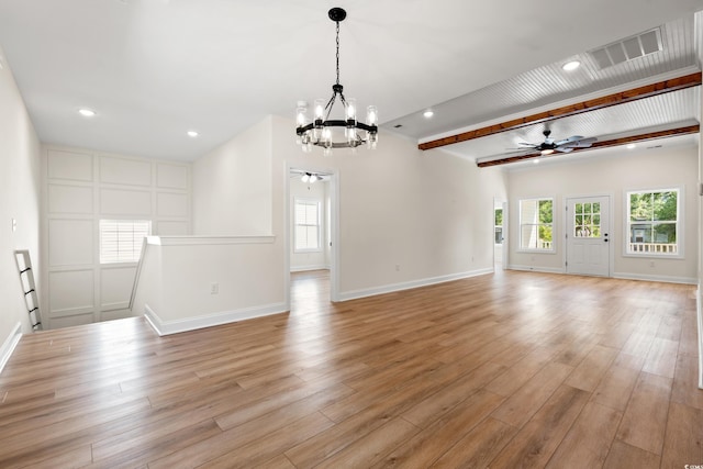 2428 Park St, North Myrtle Beach, SC 29582 - unfurnished living room with a ceiling fan, a chandelier, plenty of natural light, light wood-type flooring, and recessed lighting