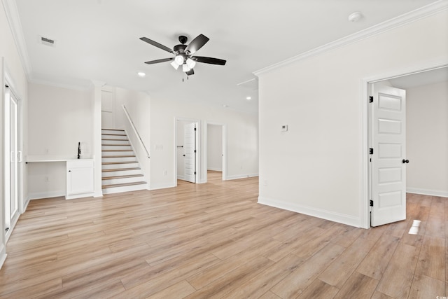 2428 Park St, North Myrtle Beach, SC 29582 - unfurnished living room with stairway, a ceiling fan, light wood finished floors, ornamental molding, and recessed lighting