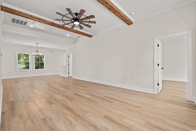 2428 Park St, North Myrtle Beach, SC 29582 - unfurnished living room featuring beam ceiling, a chandelier, light wood-style floors, a ceiling fan, and recessed lighting