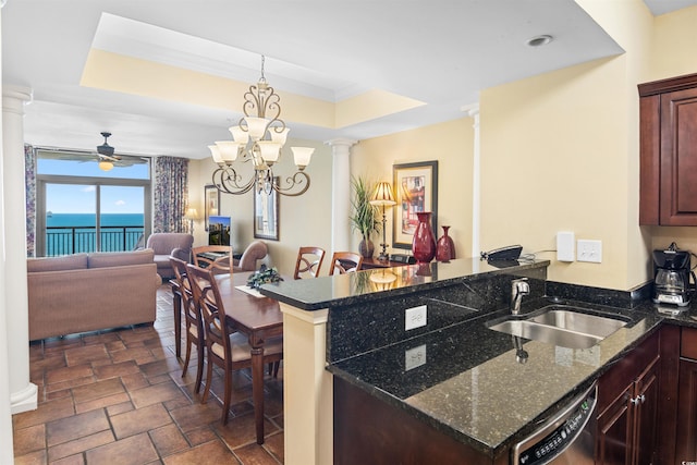 100 N Beach Blvd Unit 1816, North Myrtle Beach, SC 29582 - kitchen featuring ornate columns, a peninsula, dishwasher, a ceiling fan, and dark stone finish floors