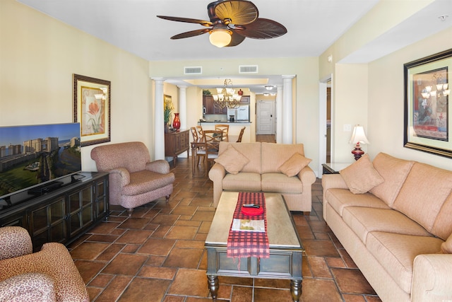 100 N Beach Blvd Unit 1816, North Myrtle Beach, SC 29582 - living room featuring decorative columns, a chandelier, ceiling fan, and stone tile flooring