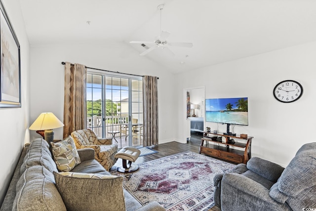 5801 Oyster Catcher Dr Unit 431, North Myrtle Beach, SC 29582 - living room featuring wood finished floors, vaulted ceiling, and a ceiling fan