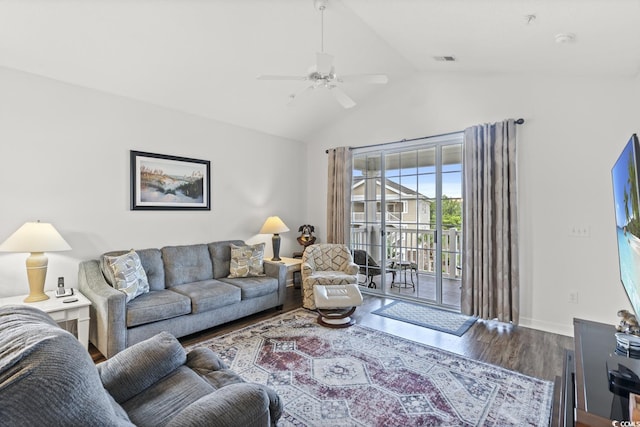 5801 Oyster Catcher Dr Unit 431, North Myrtle Beach, SC 29582 - living area featuring wood finished floors, a ceiling fan, and high vaulted ceiling