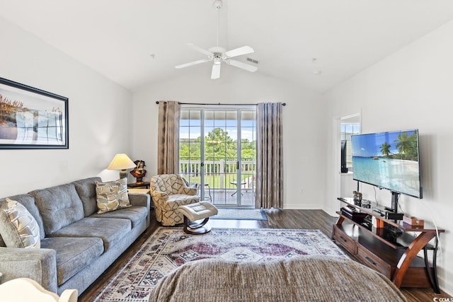 5801 Oyster Catcher Dr Unit 431, North Myrtle Beach, SC 29582 - living room with wood finished floors, healthy amount of natural light, ceiling fan, and lofted ceiling