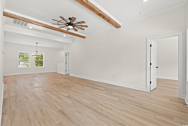2426 Park St, North Myrtle Beach, SC 29582 - unfurnished living room with beam ceiling, light wood-style floors, ceiling fan, recessed lighting, and a chandelier