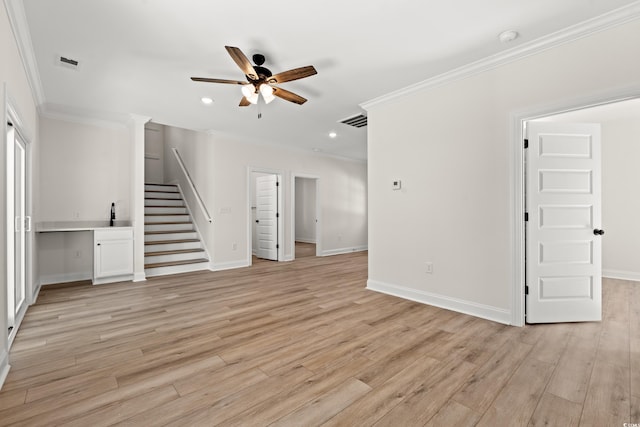 2426 Park St, North Myrtle Beach, SC 29582 - unfurnished living room featuring stairway, ceiling fan, crown molding, light wood finished floors, and recessed lighting