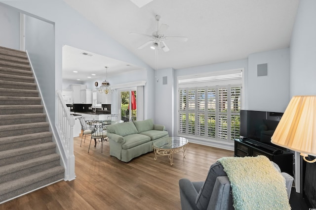503 20th Ave N Unit 9D, North Myrtle Beach, SC 29582 - living area featuring stairs, ceiling fan, vaulted ceiling, wood finished floors, and recessed lighting