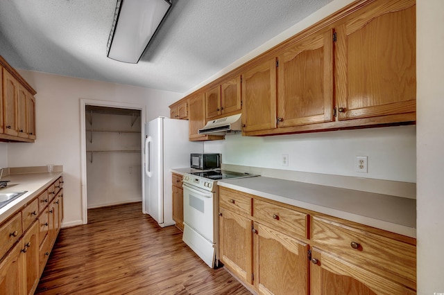 1836 Juniper Dr, Conway, SC 29527 - kitchen with white electric stove, black microwave, under cabinet range hood, light wood finished floors, and light countertops