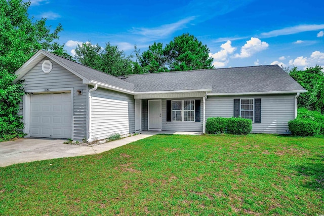 1836 Juniper Dr, Conway, SC 29527 - ranch-style home with a garage, a front yard, concrete driveway, a shingled roof, and a porch