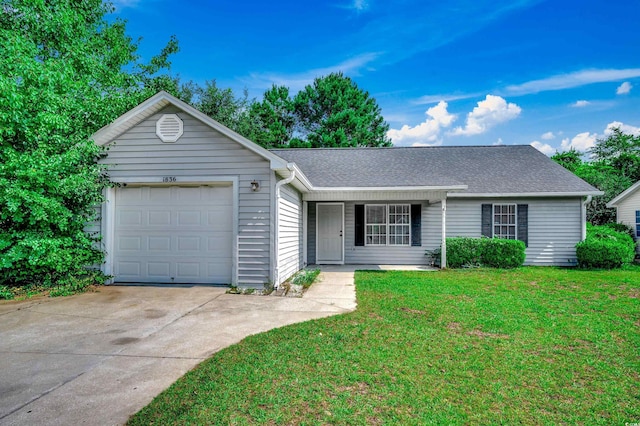 1836 Juniper Dr, Conway, SC 29527 - ranch-style home with driveway, a garage, a front lawn, and a shingled roof